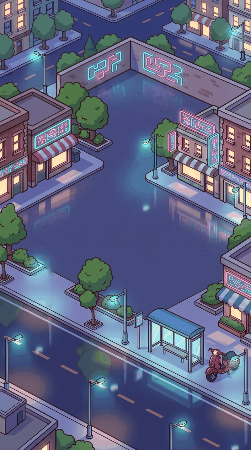 La ville de Biff City de nuit, éclairée aux néons